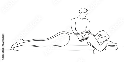 Man lying on massage table with therapist performing massage one line continuous line black lines