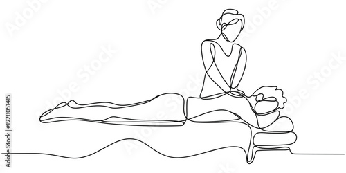 Man lying on massage table with therapist performing massage one line continuous line black lines