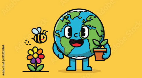 Cartoon Earth Character with Plant and Bee.