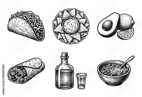 Mexican food and drink collection in vintage woodcut engraving style featuring taco burrito nachos and tequila