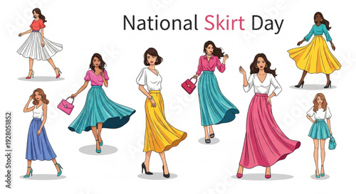 Vibrant Vector Illustration of Diverse Women Wearing Stylish Skirts in Dynamic Poses with Fashion Accessories for National Skirt Day