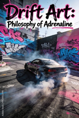 Urban drift in a graffiti alley, dynamic car background, street art wallpaper