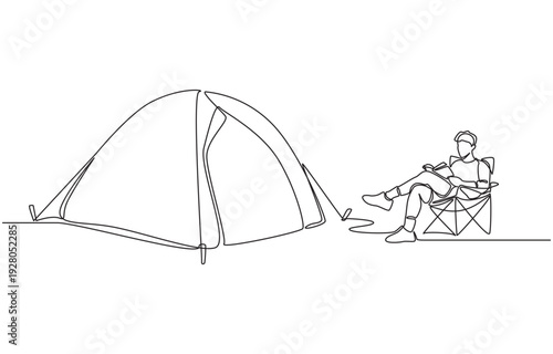 Continuous one line drawing of young man casually reading book while camping alone, nature immersion concept, single line art.