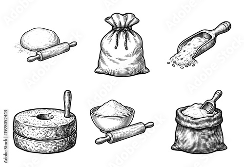 Vintage engraving style collection of flour production elements including sacks rolling pins millstone and dough