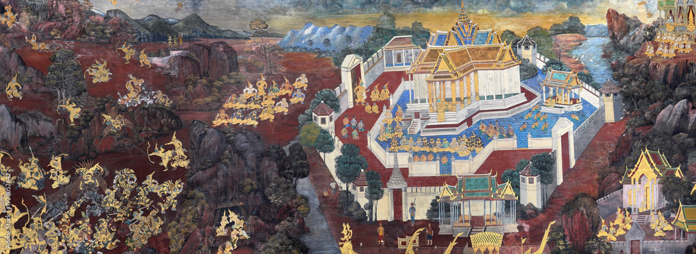 Fototapeta premium Wide angle closeup features a detailed traditional Thai mural painting.