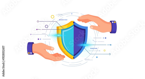 Hands protect a digital shield with a windows style emblem