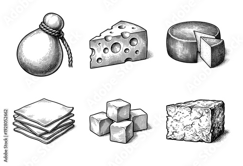 Vintage style hand drawn woodcut illustration of various cheese types including swiss provolone feta and gourmet dairy products in black and white line art