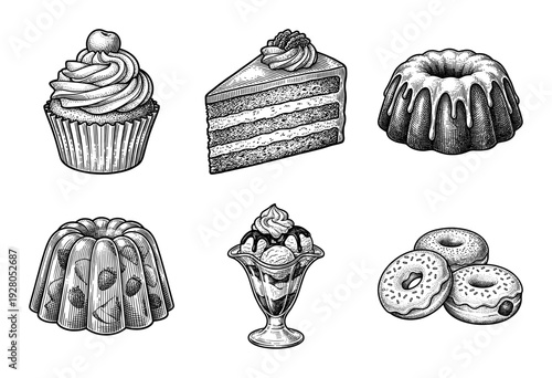 Vintage style engraving collection of sweet desserts including cupcake cake slice bundt cake gelatin mold ice cream sundae and donuts