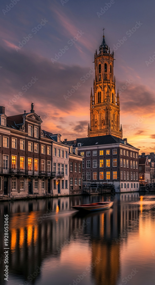 Fototapeta premium Scenic view of old building with high tower, along water at dusk. Reflection of building and sunset sky visible in water, creating calm, tranquil mood