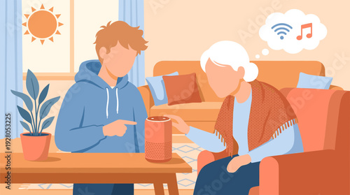 Technology Empowers Elderly Woman with Music Streaming Through a Smart Speaker at Home