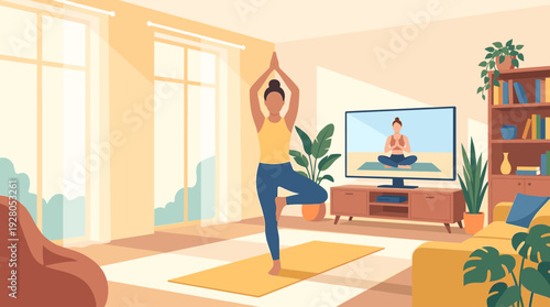 Yoga Woman Performing Tree Pose in a Bright Living Room Following a Virtual Workout