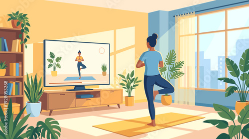 Yoga Woman Practicing Online Class at Home in a Peaceful Living Room