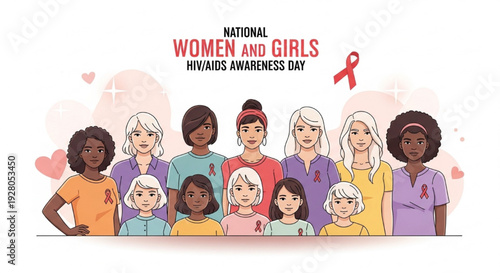 Empowering Vector Illustration of Diverse Women and Girls Standing Together with Red Ribbon and Heart Symbols for National Women and Girls HIV/AIDS Awareness Day