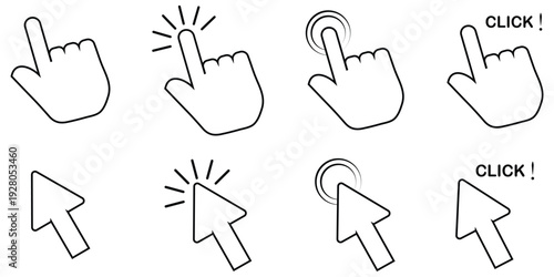 Click Cursor. Computer mouse click cursor. Pointer click. Hand pointer symbol. Clicking finger. Pixel cursor or computer mouse pointer. Vector eps 10