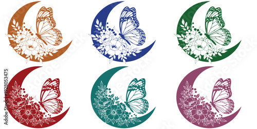 Beautiful butterfly on crescent moon with blooming flowers vector set