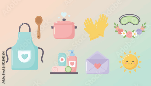 A collection of cute pastel illustrations featuring home essentials like an apron, cooking pot, cleaning gloves, self-care products, a sleep mask, and a smiling sun.