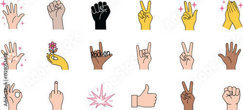 Hand gesture icons vector set with diverse skin tones showing signals emotions approval peace signs and communication symbols isolated on white background