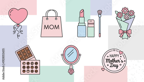 Pastel-colored line art illustration of Mother's Day gifts and symbols including flowers, chocolates, makeup, and a heart balloon on a soft background.