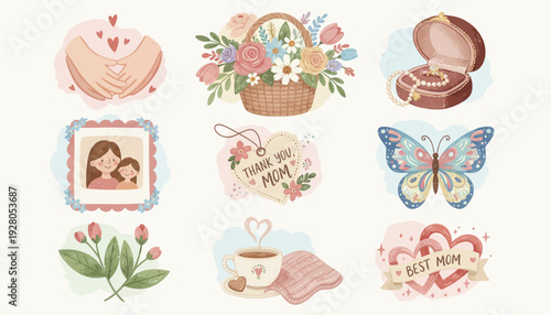 A collection of nine charming watercolor illustrations celebrating Mother's Day with symbols of love, gifts, flowers, and heartfelt messages.