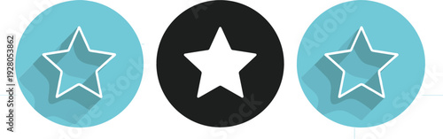 Star icon buttons vector set with flat and long shadow styles rating favorite and interface symbols isolated on white background