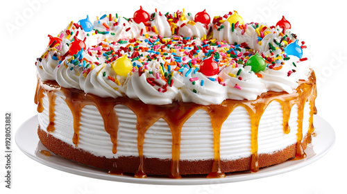 Celebration Cake: A delectable layered cake, crowned with a cascade of colorful sprinkles, cheerful decorations, and a swirl of creamy frosting, ready to sweeten any occasion.
