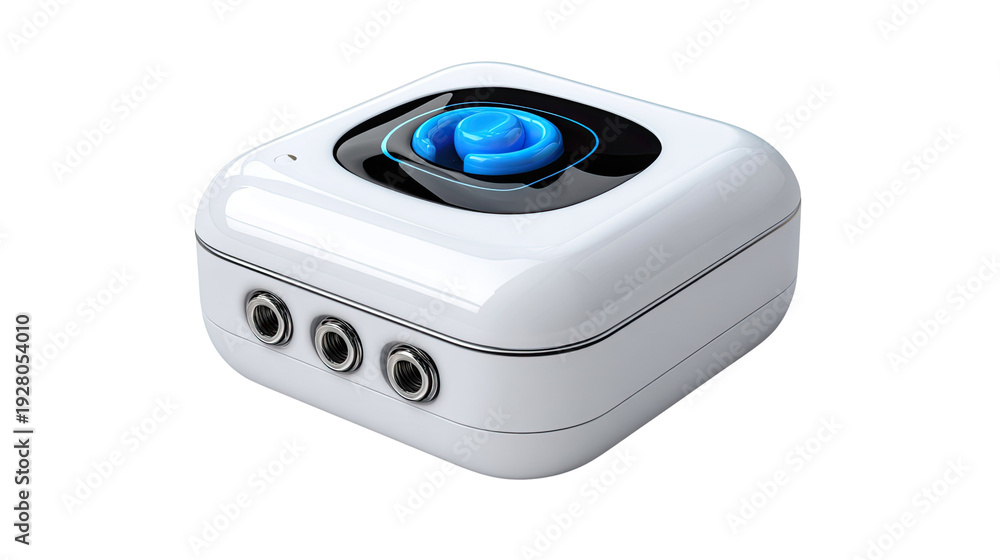 Fototapeta premium Modern Tech Gadget: A sleek, modern technological gadget, featuring a minimalist design with a prominent blue button and multiple input ports, embodying innovation and functionality.