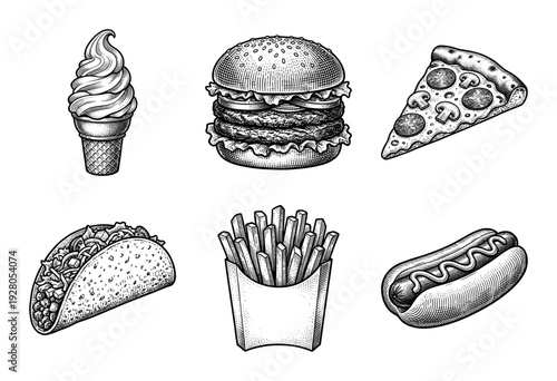 Vintage engraving style fast food collection featuring a double cheeseburger, pizza slice, taco, hot dog, french fries, and soft serve ice cream cone.