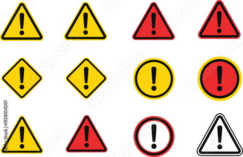 Warning and alert icons vector set with exclamation marks caution danger symbols safety signs isolated on white background