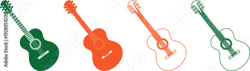 Set of four guitar illustrations in green and orange on transparent background