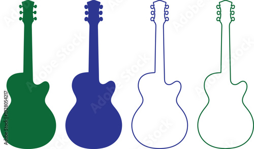 Set of four guitar silhouette designs in various colors and styles for musicrelated projects