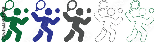 Set of simple flat tennis player icons in different colors and styles isolated on transparent background