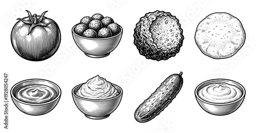 Vintage woodcut style collection of Mediterranean food ingredients featuring falafel hummus pita tomato and cucumber