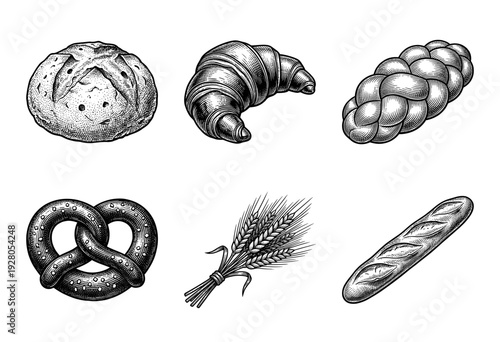 Vintage hand drawn engraving style bakery set featuring sourdough loaf, croissant, braided bread, pretzel, wheat stalks, and baguette on white.