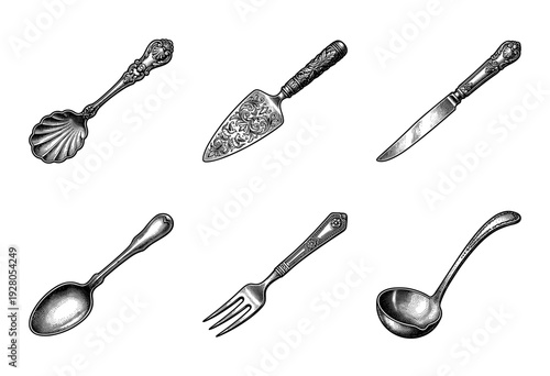 Vintage engraving collection of ornate silver cutlery including shell spoon cake server table knife dessert spoon fork and soup ladle.