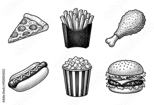 Vintage hand drawn engraving set of fast food icons including pepperoni pizza slice, french fries, fried chicken drumstick, hot dog, popcorn, and cheeseburger.