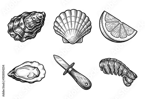 Vintage woodcut style seafood collection featuring oysters scallop lemon wedge shucking knife and shrimp tail in black and white line art