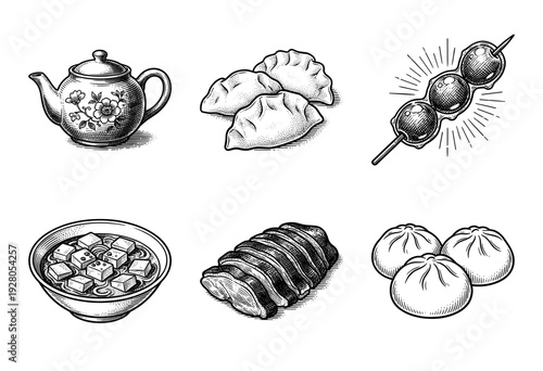 Set of traditional Asian cuisine illustrations featuring a teapot, dumplings, dango, miso soup, roasted duck, and steamed buns in a vintage woodcut engraving style.
