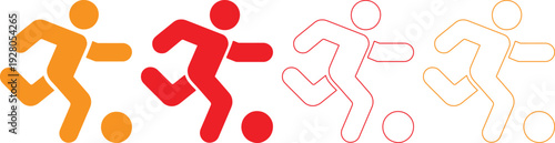 Simple stick figure people playing soccer or football in various orange and red colors