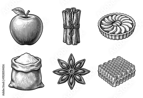 Vintage woodcut style collection of autumn baking ingredients featuring apples, cinnamon, star anise, honeycomb, flour, and a tart.