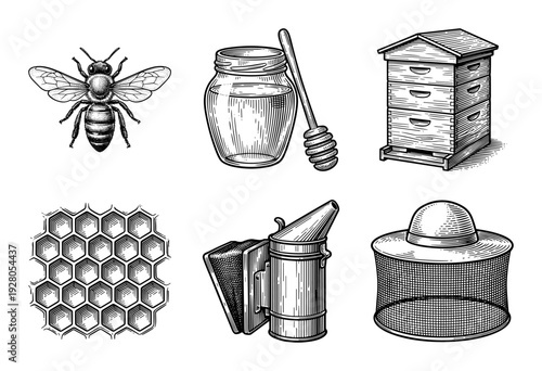 Vintage engraving style beekeeping collection featuring honey bee jar hive honeycomb smoker and protective veil hat