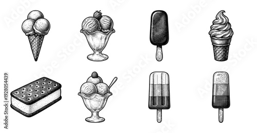 Set of vintage engraved illustrations featuring various frozen desserts including ice cream cones sundae bowls sandwiches and popsicles