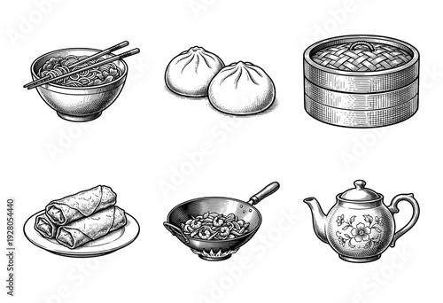 Vintage woodcut style collection of traditional Chinese cuisine and tea culture icons including noodles dumplings and wok cooking