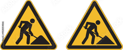 roadwork warning signs with worker and shovel