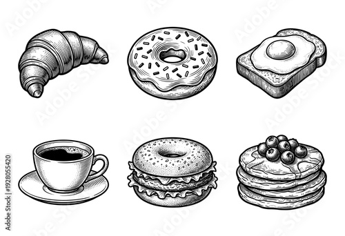 Vintage style breakfast and bakery collection featuring hand drawn line art illustrations of croissant donut toast with egg coffee bagel and pancakes.
