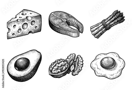 Vintage woodcut style illustration of keto diet food items including salmon, avocado, eggs, cheese, walnuts, and asparagus