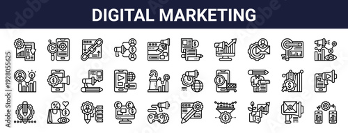 Set of 30 thin line web icons including digital marketing, ecommerce, affiliate, SEO, advertising, game, duplicate, compensation. Outline vector illustration