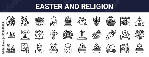 Set of 30 thin line Easter and Christian religion icons including easter eggs, bunny, jesus, nun, cross, church. Vector outline illustration