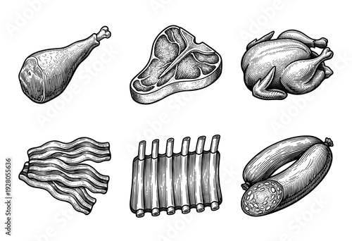 Vintage woodcut style collection of meat products featuring steak, ribs, poultry, bacon, sausage, and ham leg on a white background.