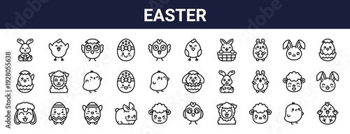 Set of 30 thin line Easter and farm animal web icons including rabbit, bunny, sheep, egg, chick, hen. Outline vector illustration pack