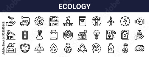 Set of 30 thin line ecology icons including plant leaf, green earth, solar panel, eco factory, led lamp, recycle, electric car. Vector illustration